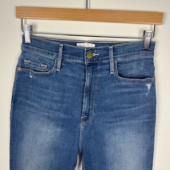 FRAME Ali High Rise Waist Cigarette Jeans Distressed Hem Medium Wash size 28 - Picture 6 of 12